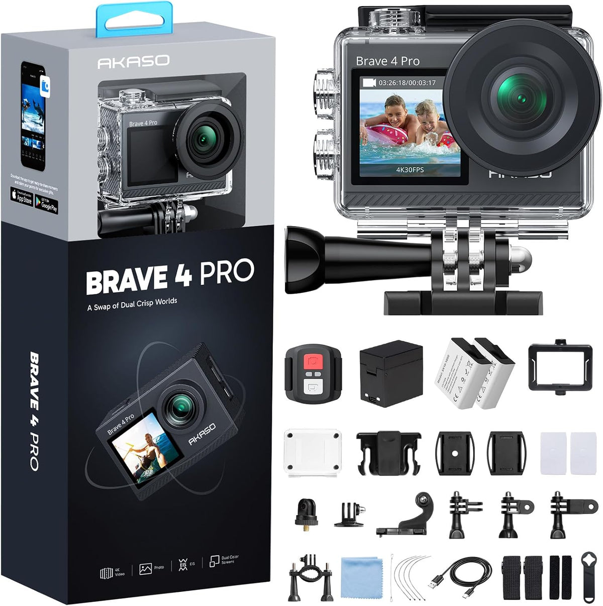 AKASO Brave 4 Pro 4K30FPS Cámara de Acción - Videocámara Subacuática de 131 pies Cámara Impermeable con Pantalla Táctil EIS Avanzado Control Remoto Zoom 5X Cámara Subacuática Compatible con Micrófono
