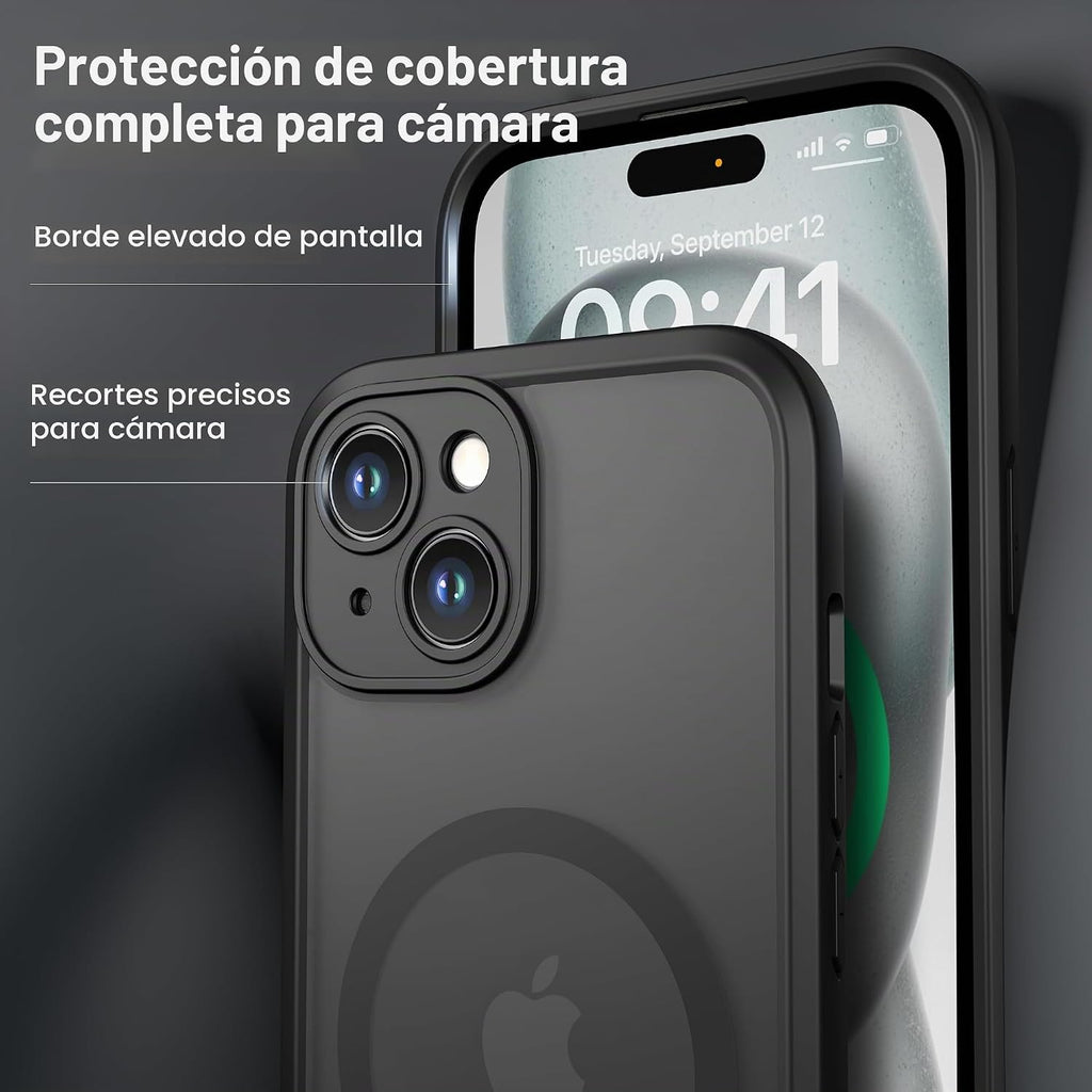 ImpactStrong Protector magnético diseñado para iPhone 15 [protección de cámara] [prueba de caídas de grado militar] [compatible con MagSafe] Funda delgada translúcida mate (6.1 pulgadas), color negro