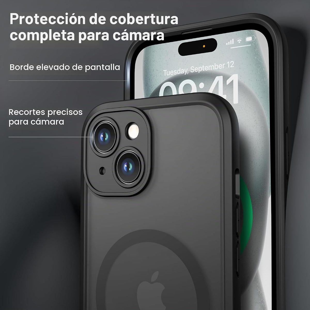 ImpactStrong Protector magnético diseñado para iPhone 15 [protección de cámara] [prueba de caídas de grado militar] [compatible con MagSafe] Funda delgada translúcida mate (6.1 pulgadas), color negro