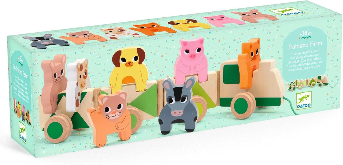 DJECO Trainimo Farm, tren de madera para niños pequeños, animales apilables