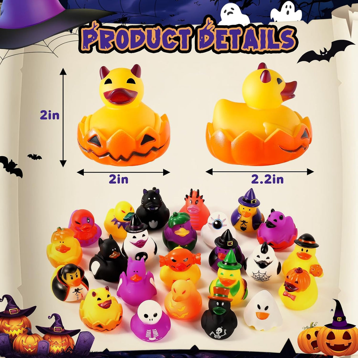Paquete de 24 patos de goma de Halloween a granel con bolsa para Jeep