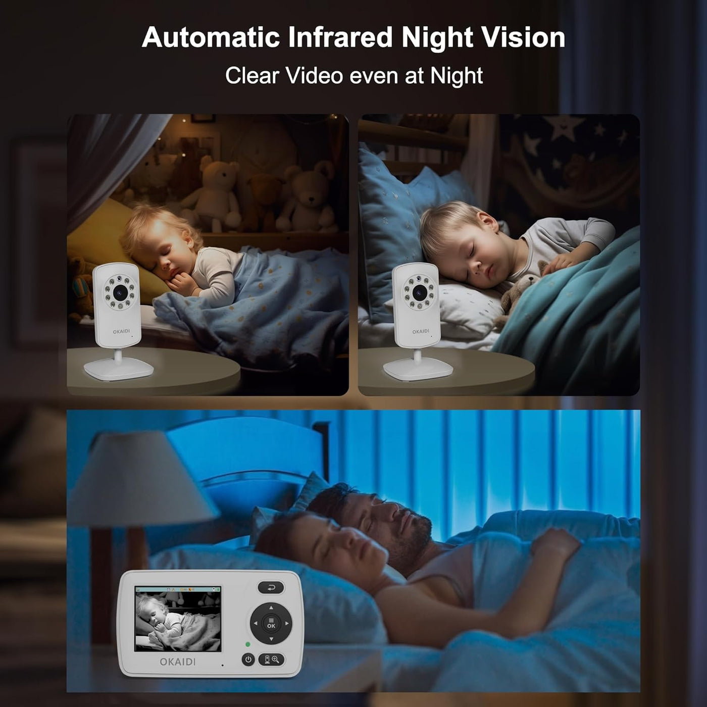 OKAIDI Monitor de video para bebés con 2 cámaras, pantalla de viaje...