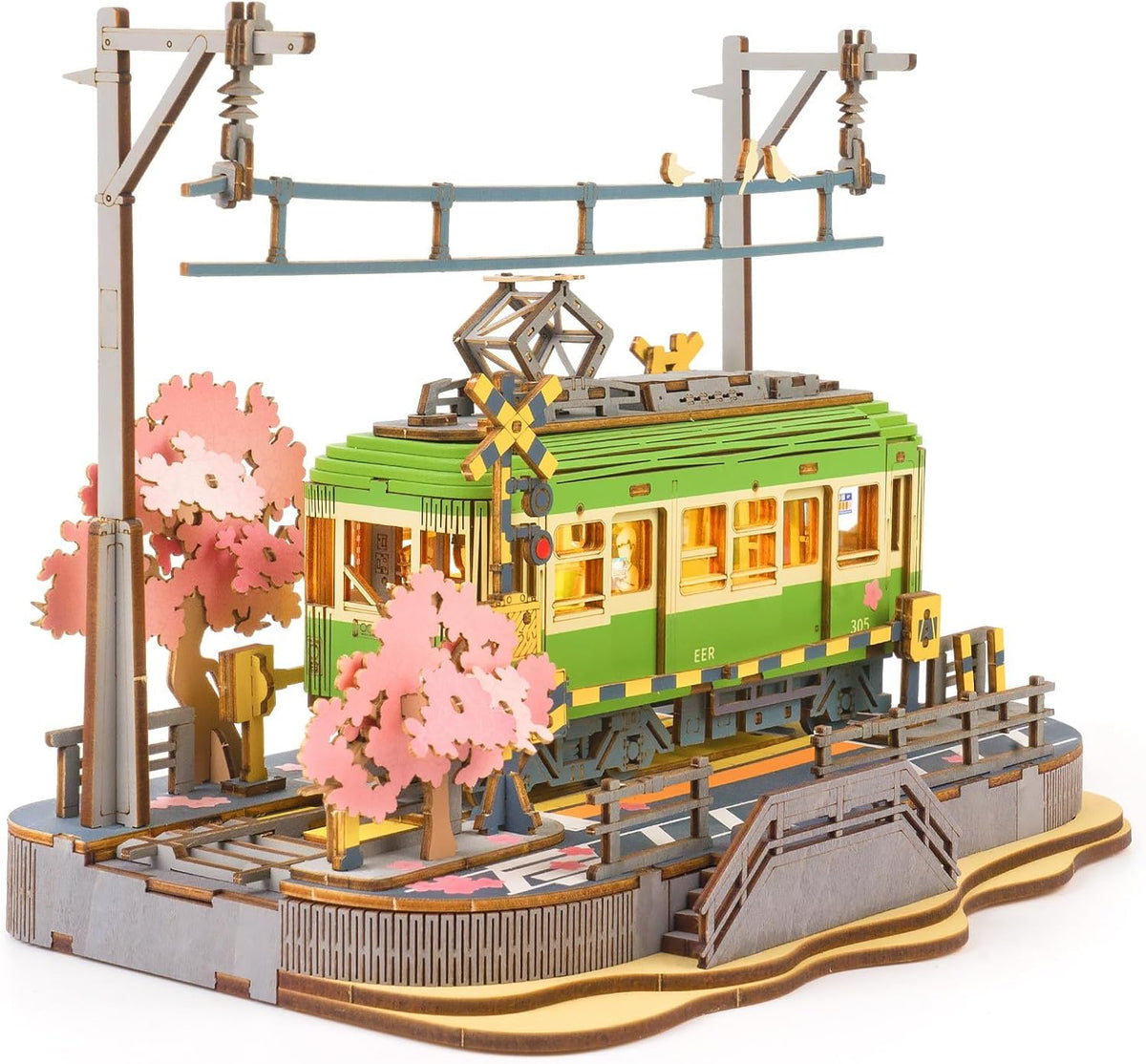 Rolife Sakura Journey Tram - Rompecabezas de madera 3D para adultos, kits de construcción de modelos de bricolaje con luces LED, regalo creativo para niños, regalo de pasatiempos y rompecabezas para