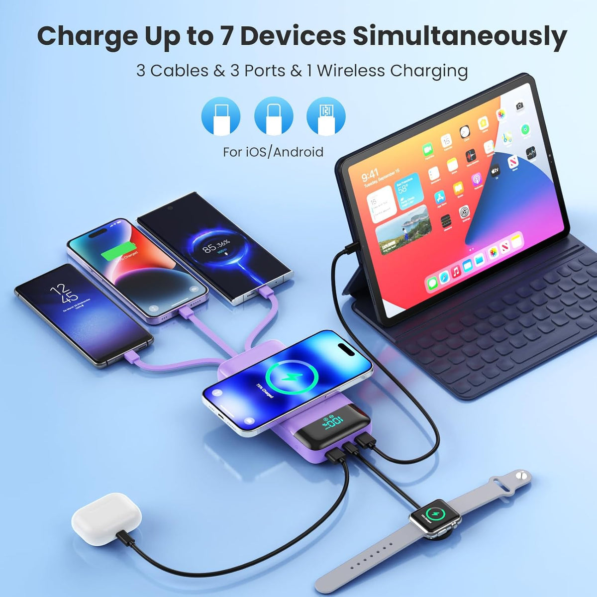 Cargador portátil inalámbrico de 40800 mAh para iPhone con 3 cables...