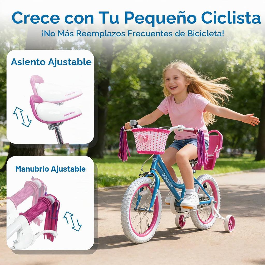 Bicicleta WinHope Fairy Girls con Asiento para Muñeca, Bicicleta Infantil de 12-20 Pulgadas para Edades 2-12
