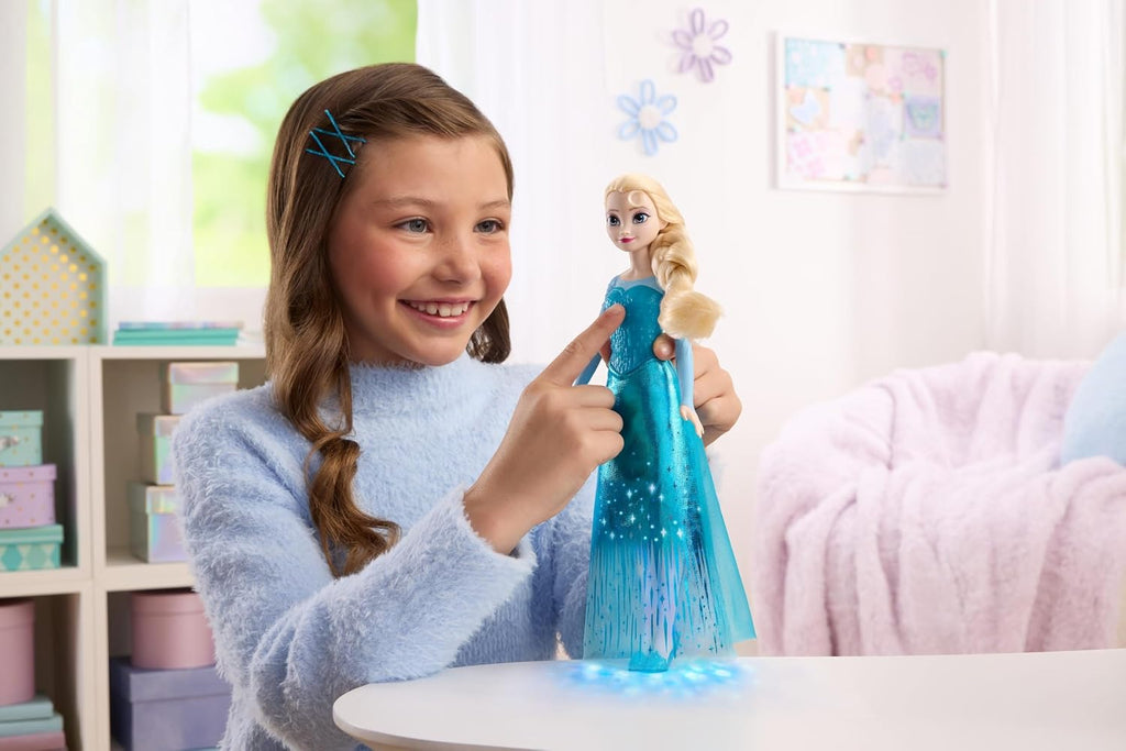 Mattel Muñeca Elsa cantante de Frozen de Disney con luces y música, canta "Let It Go" de Movie, posable con traje brillante y zapatos extraíbles