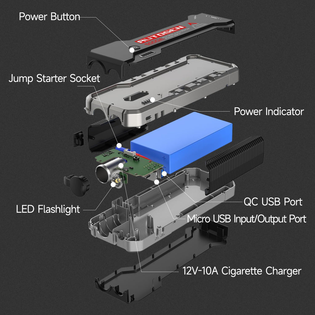 AUTOGEN - Arrancador de batería portátil de 6000 A, motor diésel de gasolina y 10.0 L, batería de arranque y caja de salto con salida de CC de 12 V y funda de EVA