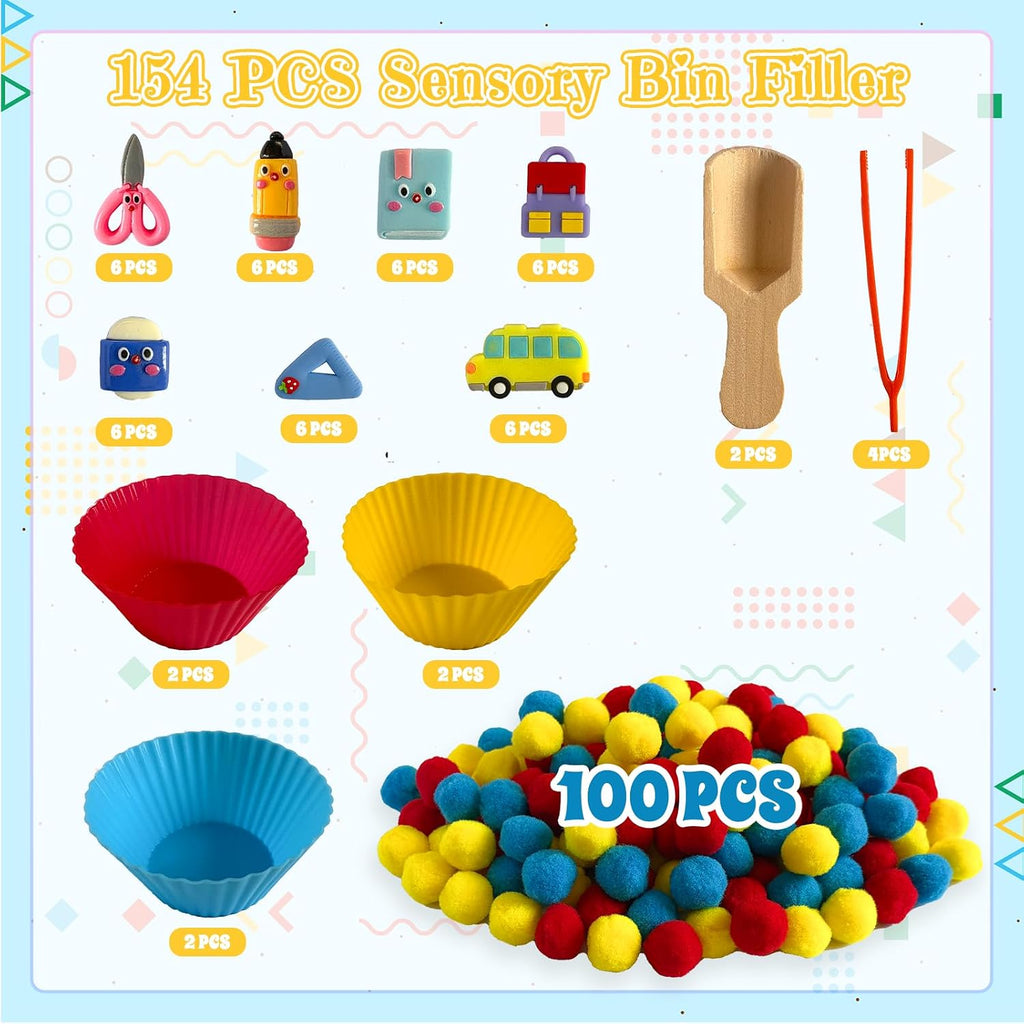 154Pcs Back a School Sensory Bin Filler Fine Motor Toys Stationery Sensory Bin Items Counting Sorting Toy para Preschool Education Activities Include Pom Poms Pen Scissors Notebooks Cup