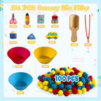 154Pcs Back a School Sensory Bin Filler Fine Motor Toys Stationery Sensory Bin Items Counting Sorting Toy para Preschool Education Activities Include Pom Poms Pen Scissors Notebooks Cup