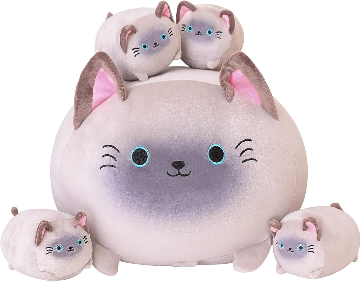 SQEQE Peluche de gato siamés, lindos animales de peluche para mamá con 4 gatitos