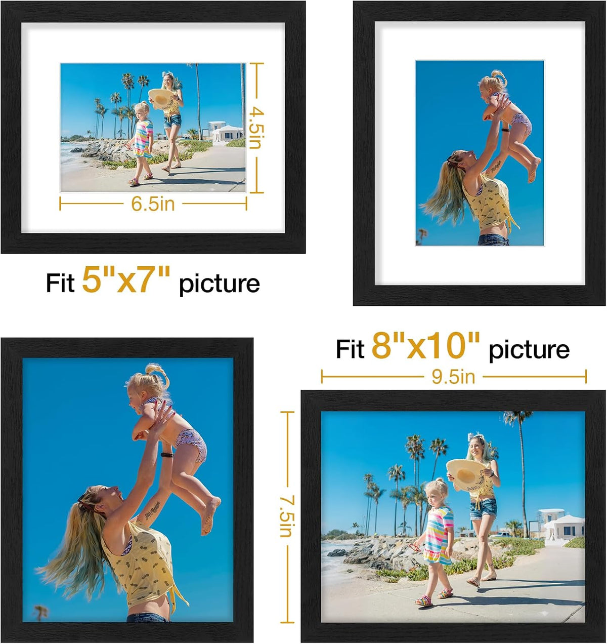 Juego de 9 portarretratos, plexiglás resistente a rupturas, exhibe fotos de 8 x 10 pulgadas o, con paspartú, de 5 x 7 pulgadas, marcos para pared o mesa, madera contrachapada, negro