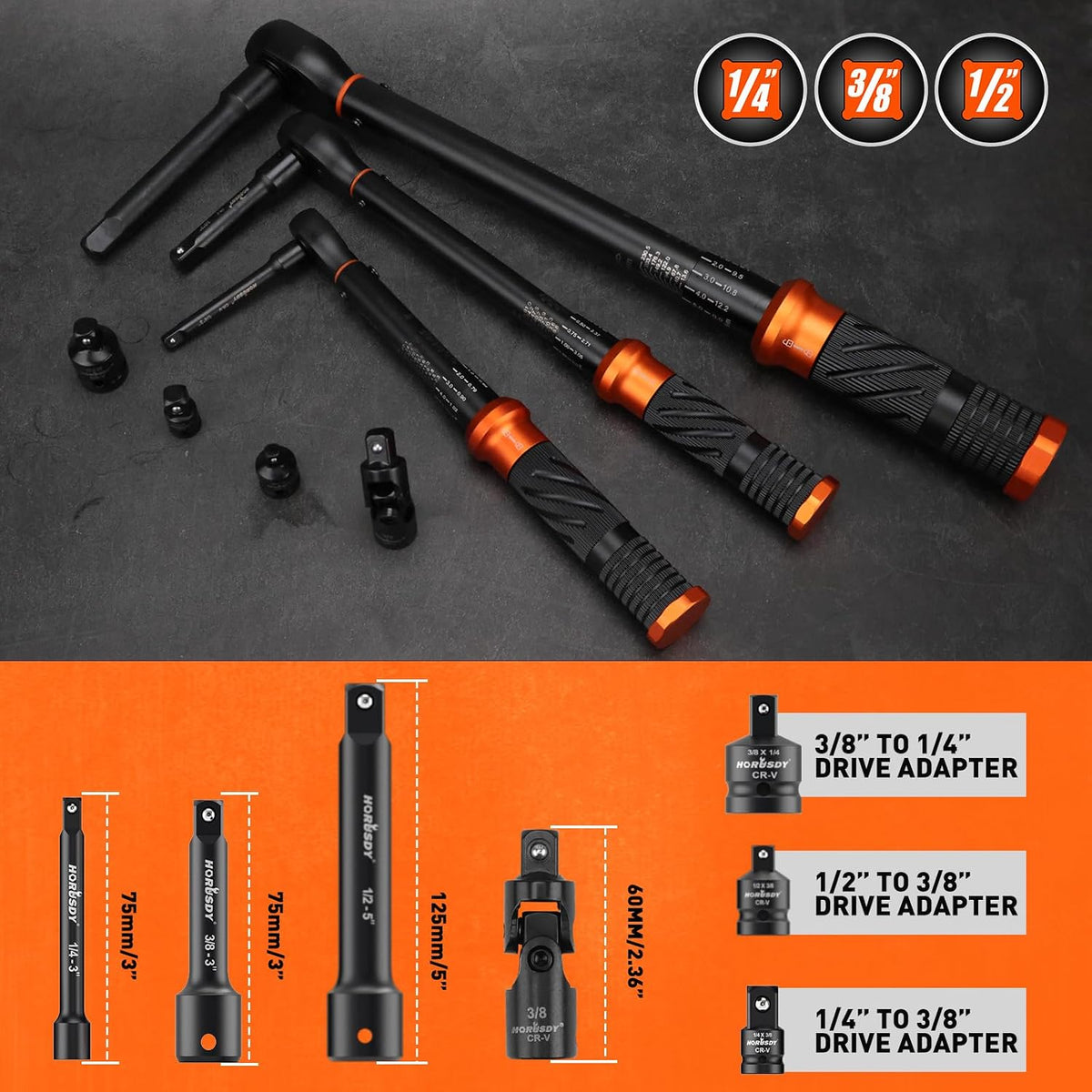 Juego de llaves dinamométricas de clic de 9 piezas, 1/4 pulgadas, 3/8