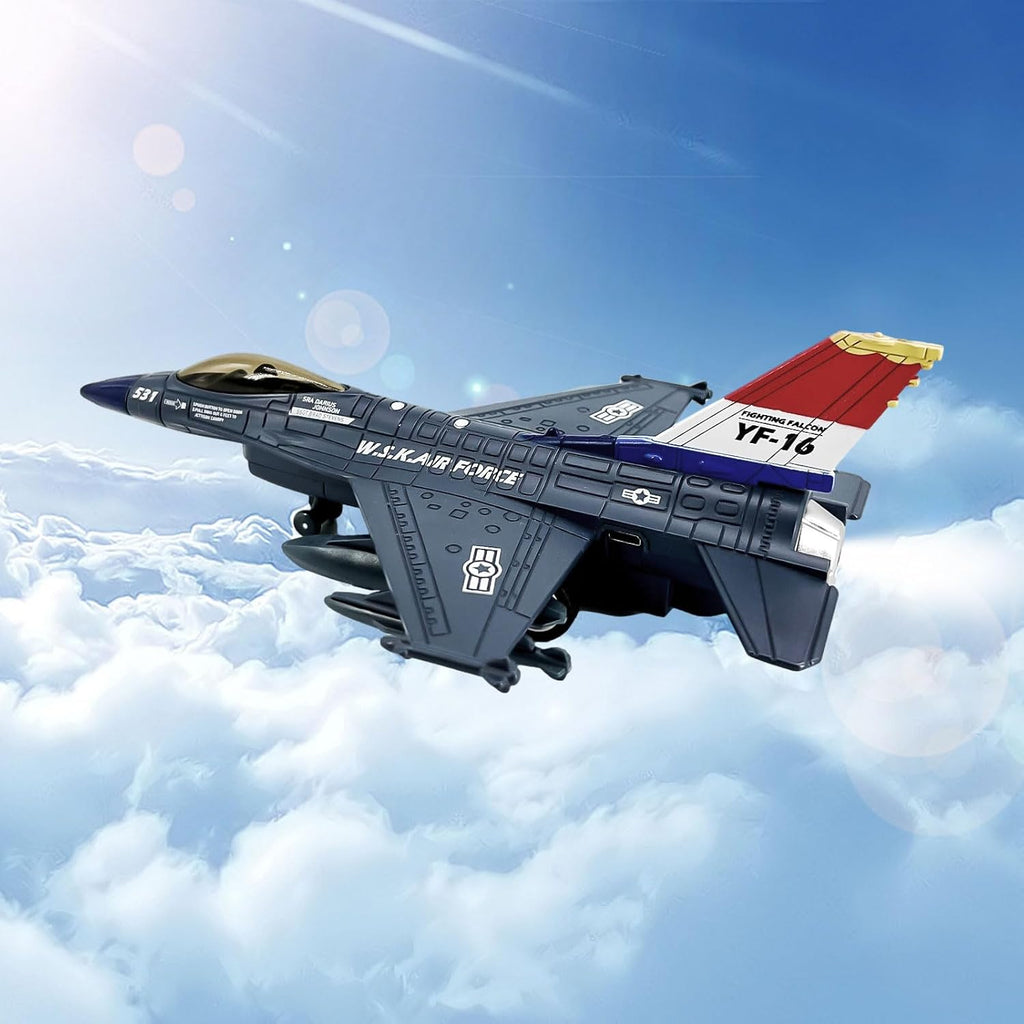Fighter Jet Toy F-16 Jets de juguete para niños, avión militar del ejército de la fuerza aérea, juguete de caza de metal fundido a presión con luces y sonidos de efecto rociador para niños y