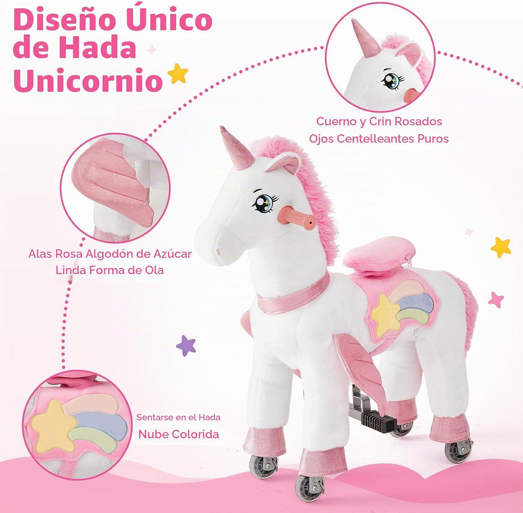 FUNLIO Caballo de unicornio para niños de 5 a 12 años, juguetes de felpa con ruedas para jugar en interiores y exteriores, fácil de montar, certificado CPC y CE, grande