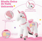 FUNLIO Caballo de unicornio para niños de 5 a 12 años, juguetes de felpa con ruedas para jugar en interiores y exteriores, fácil de montar, certificado CPC y CE, grande