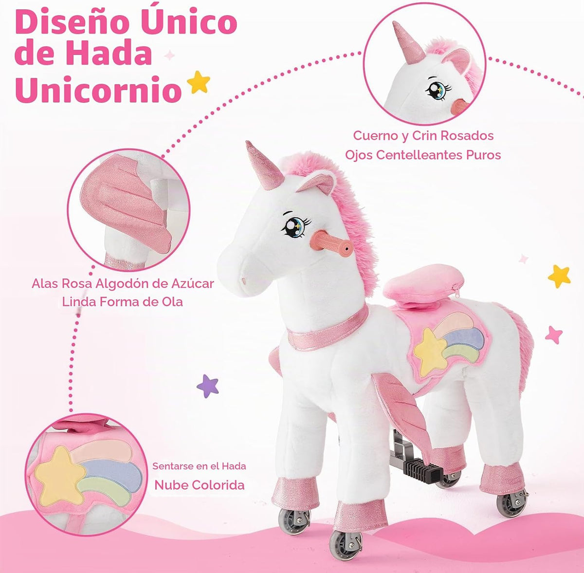 FUNLIO Caballo de unicornio para niños de 5 a 12 años, juguetes de felpa con ruedas para jugar en interiores y exteriores, fácil de montar, certificado CPC y CE, grande