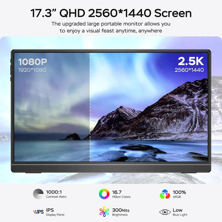 MNN 17.3" QHD 165Hz USB-C HDMI Monitor para juegos | 17.3"...