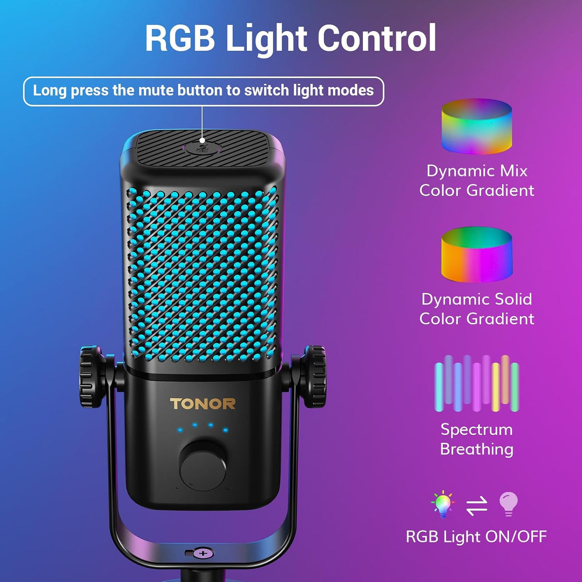 TONOR Micrófono Gaming Compatible con Xbox, Mic de Soporte RGB para Streaming con 30H de Batería, Bajo Ruido, Monitoreo, Control de Ganancia, Mudo con un Toque, Carga Rápida, Compatible con Captura TCX3+ Negro