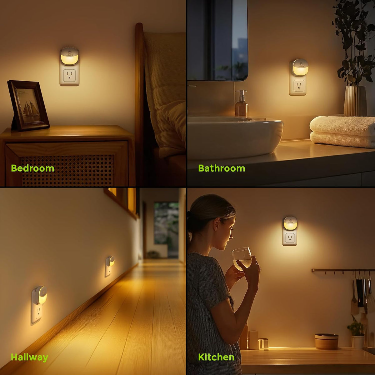 AUVON Luz nocturna enchufable, sensor de movimiento y sensor de atardecer a