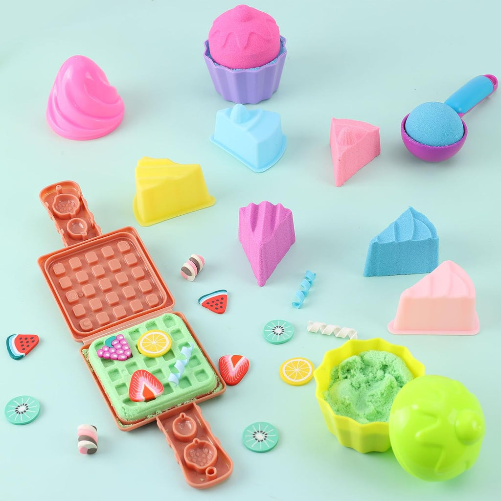 Golray - Juego de arena sensorial de helado para niñas, kit de arte de arena con caja de arena, 2 libras de arena mágica, moldes de pastel y gofre, juguetes de postres de juego de roles, juego de