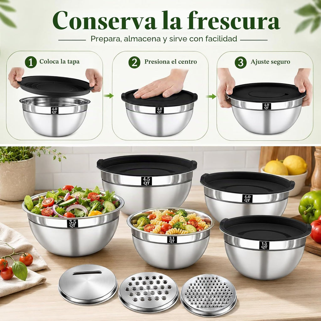 Juego de 8 tazones para mezclar con tapas, 5 cuencos para mezclar anidables, 3 accesorios para rallar, tapas, cuencos de acero inoxidable para mezclar y servir, tamaño 1.5/2.1/3.5/4/4.5