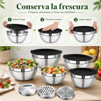 Juego de 8 tazones para mezclar con tapas, 5 cuencos para mezclar anidables, 3 accesorios para rallar, tapas, cuencos de acero inoxidable para mezclar y servir, tamaño 1.5/2.1/3.5/4/4.5