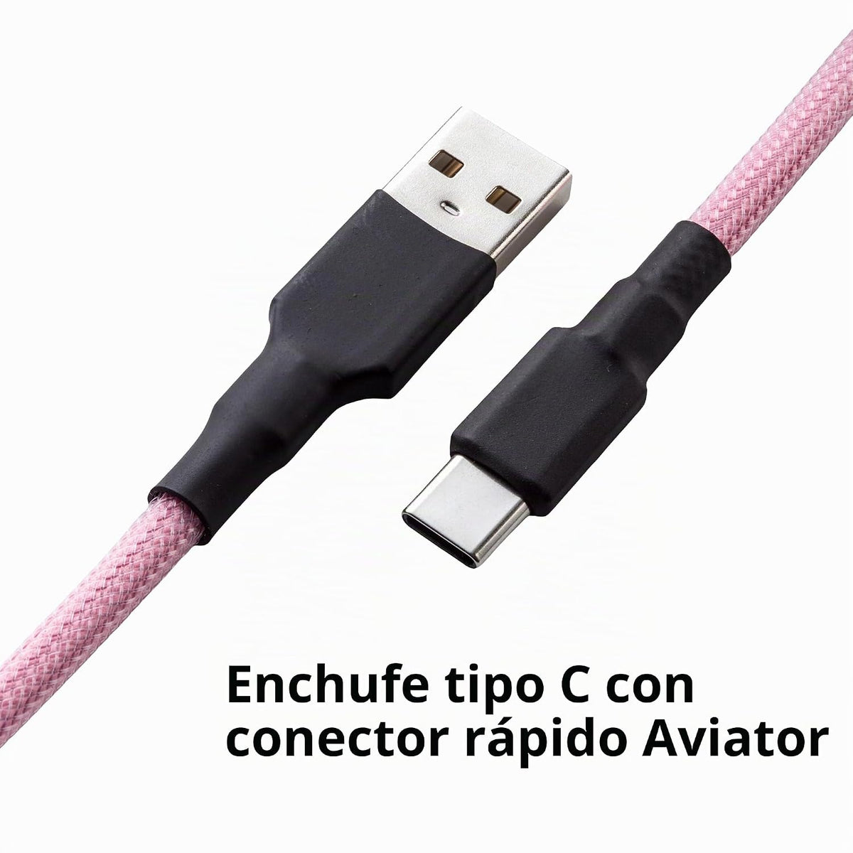 Pro Cable USB C en espiral personalizado para teclado de juegos, cable de teclado mecánico de doble funda con aviador metálico desmontable, 1.5M USB-C a USB-A, negro rosa