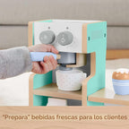 Fisher-Price Wood Pretend Play Coffee Shop & Toy Register, juego de comida de madera de 20 piezas para niños preescolares a partir de 3 años