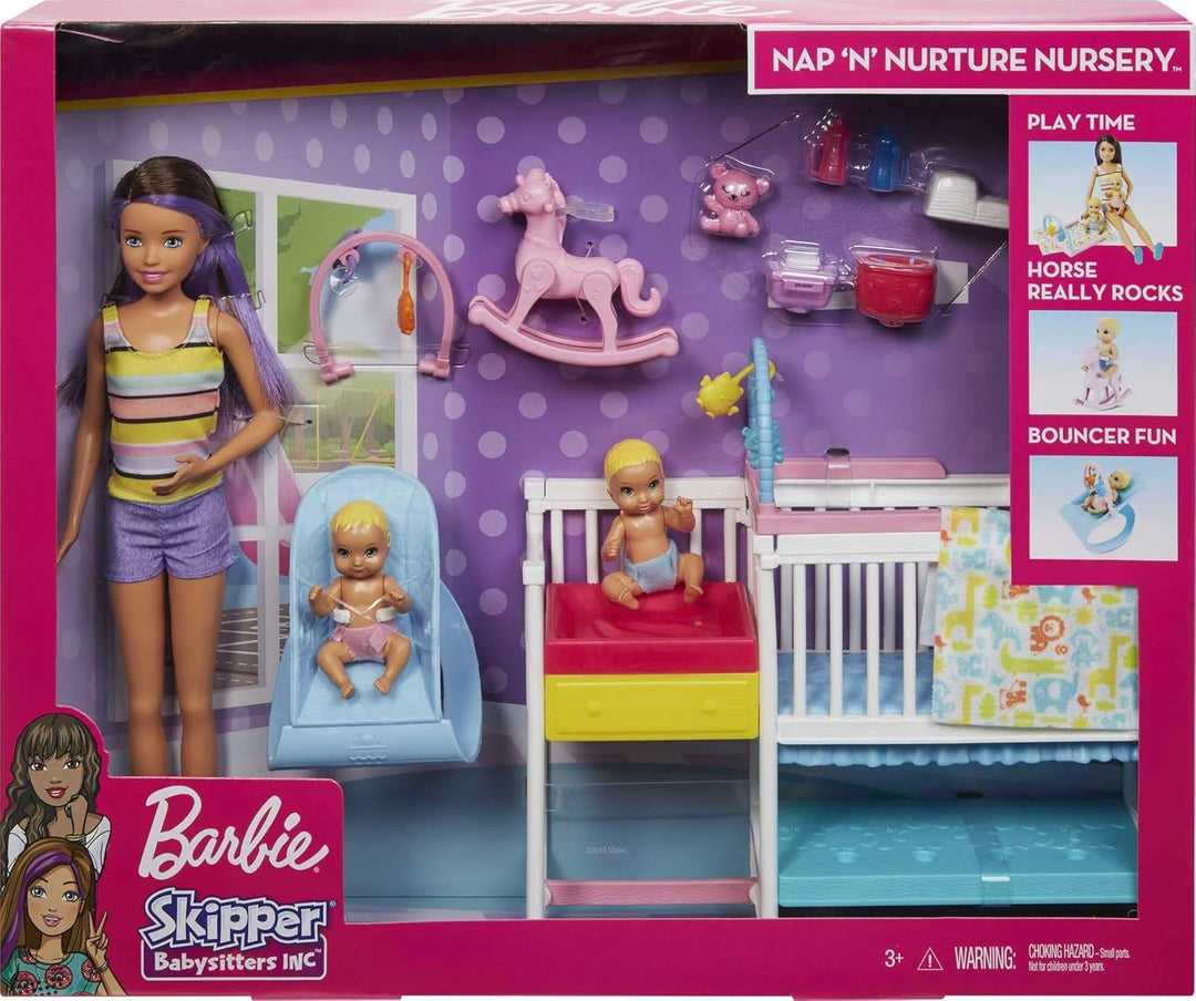Muñecas y juego de Barbie Skipper Babysitters Inc, guardería para t...