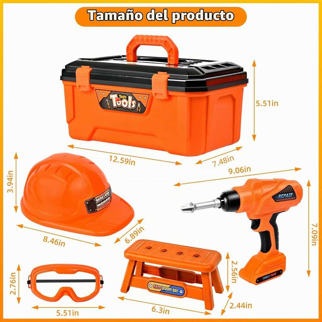 Juego de herramientas para niños de 48 piezas con casco duro y caja de herramientas, taladro de juguete realista para niños