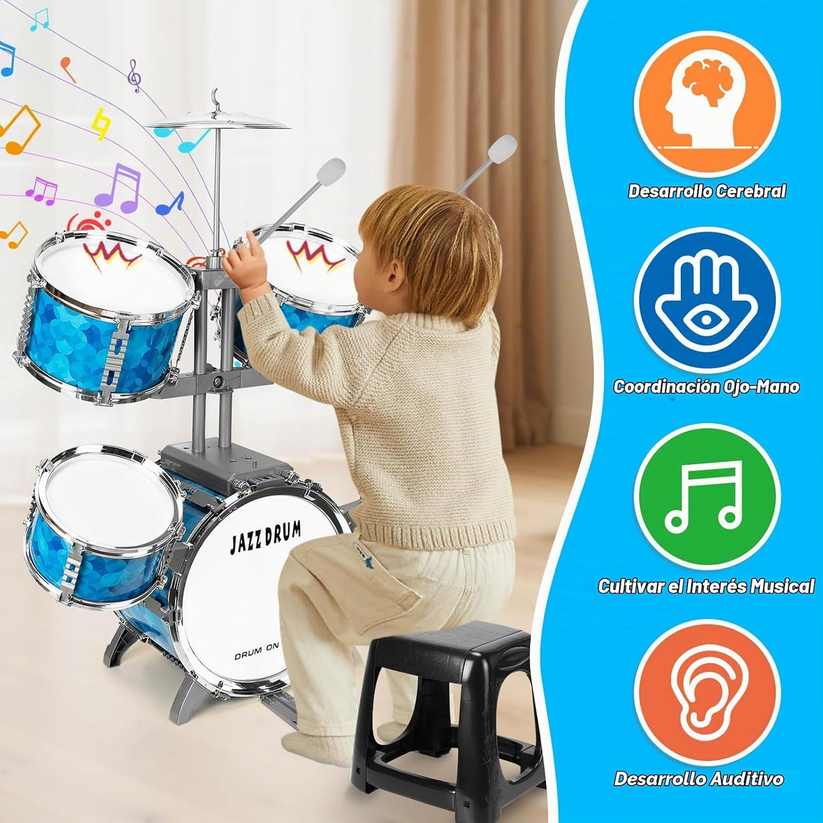 Juego de batería para niños de 5 piezas para niños pequeños de 3 a 5 años, juego de batería para niños pequeños de 5 a 7 años, juguetes de instrumentos musicales, juguetes de percusión, cumpleaños para niños de 3, 4, 5, 6, 7, 8 años, niños y niñas