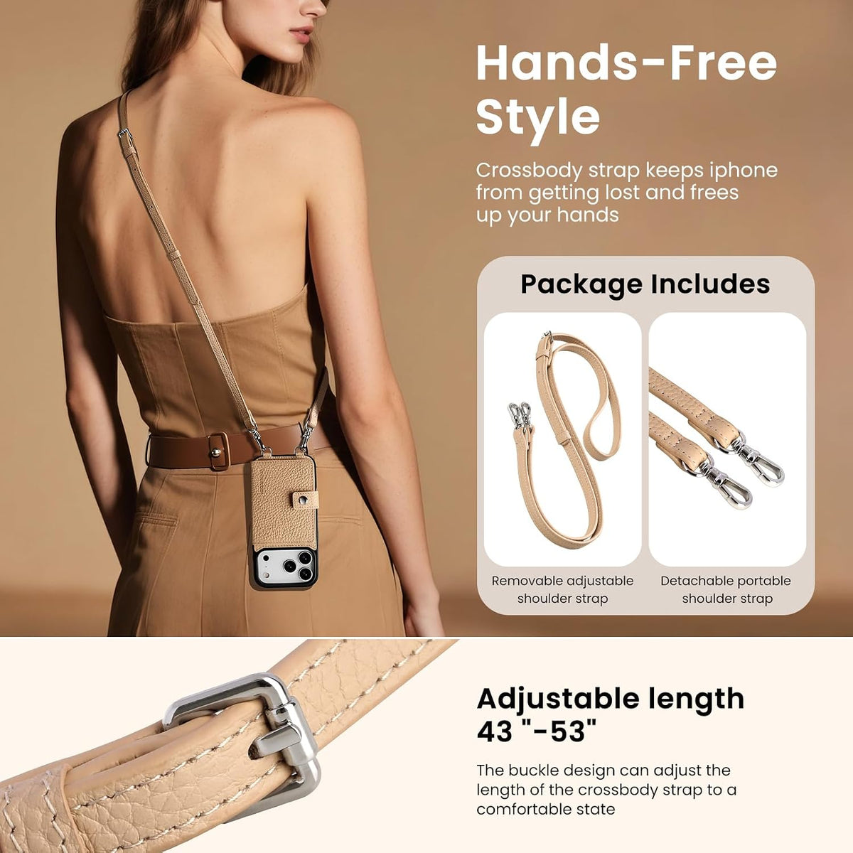 Funda de cuero Crossbody Wallet para iPhone 17 Pro - Beige