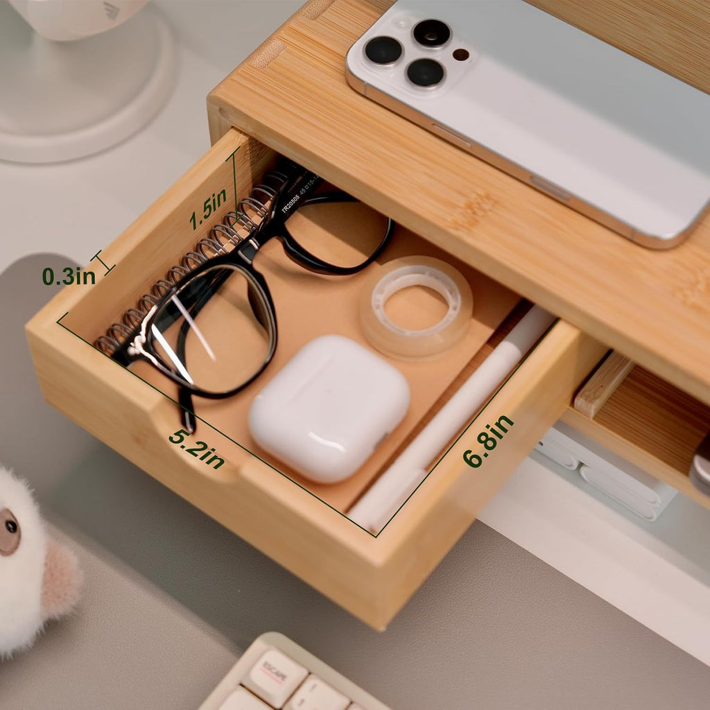 Soporte elevador de bambú para monitor con cajón