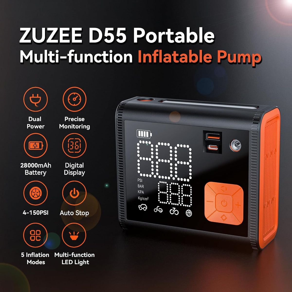 ZUZEE Inflador de Neumáticos Compresor de Aire Portátil, 150 PSI Do...