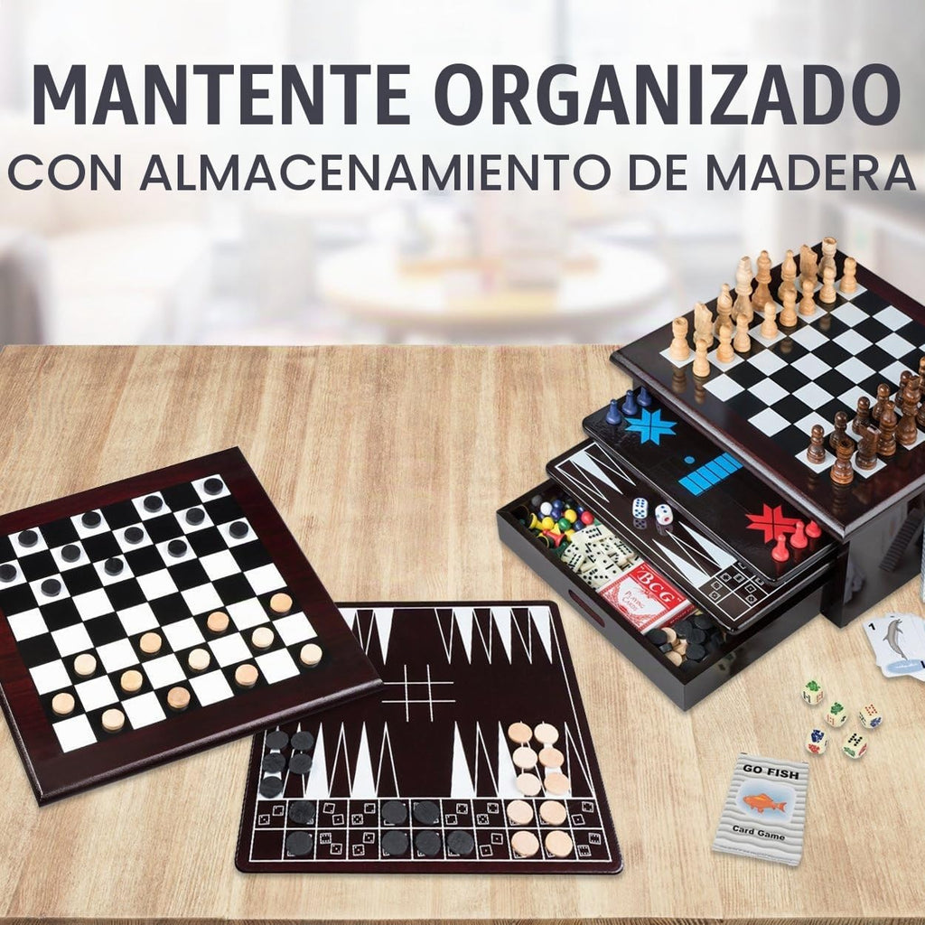 Juego de mesa 15 en 1, tablero con detalles en madera, juego con cajón de almacenamiento, juegos: damas, ajedrez, damas, parcheesi chino, tictactoe, solitario, serpientes y escaleras, mancala, backgammon, dados, juego de cartas de póquer, Dominos y otros
