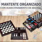 Juego de mesa 15 en 1, tablero con detalles en madera, juego con cajón de almacenamiento, juegos: damas, ajedrez, damas, parcheesi chino, tictactoe, solitario, serpientes y escaleras, mancala, backgammon, dados, juego de cartas de póquer, Dominos y otros