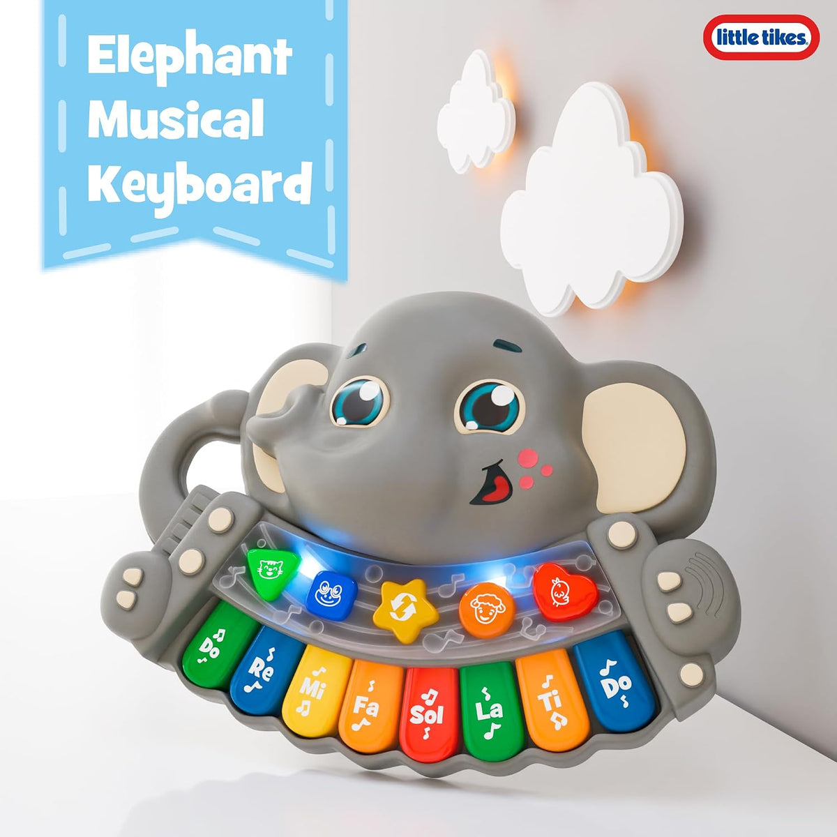 Lollipop - Little Tikes Elefante - Teclado musical de juguete para niños pequeños - Piano de juguete para bebés se ilumina, reproduce música y sonidos de animales - Libre de BPA, mini piano eléctrico