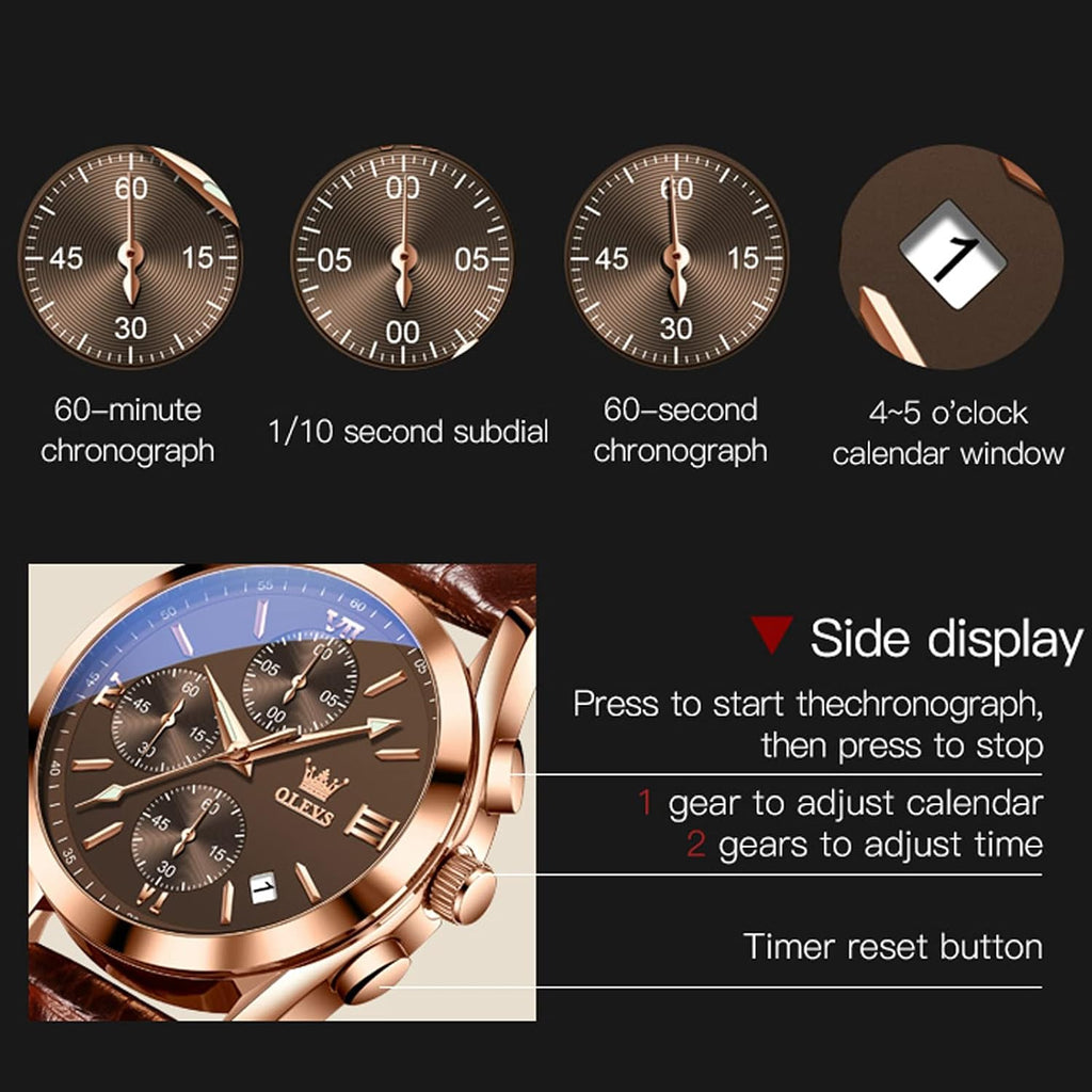 OLEVS Reloj de vestir de cuero para hombre, casual, cuarzo, marrón, pulsera, con fecha