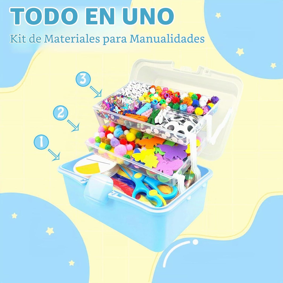 3000 piezas de suministros de arte y manualidades para niños, kits de manualidades con limpiapipas, suministros de manualidades, todo en caja de manualidades de 3 capas, manualidades DIY para niños de