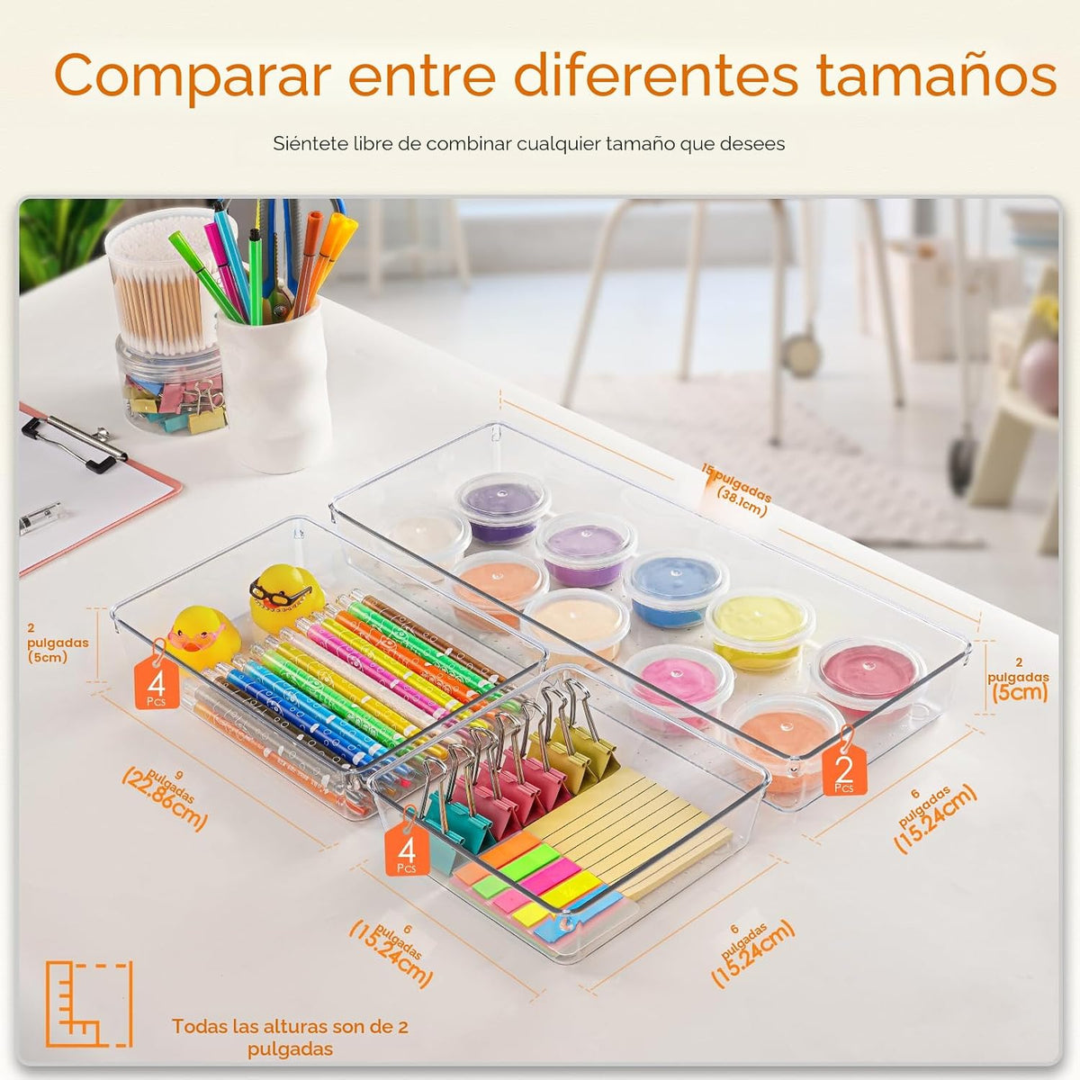 Organizador de Cajones, Pack de 10 Grandes Plásticos Transparentes, 3 Tamaños Versátiles Organizadores de Baño y Tocador, Bandejas de Almacenaje para Maquillaje, Dormitorio, Utensilios de Cocina
