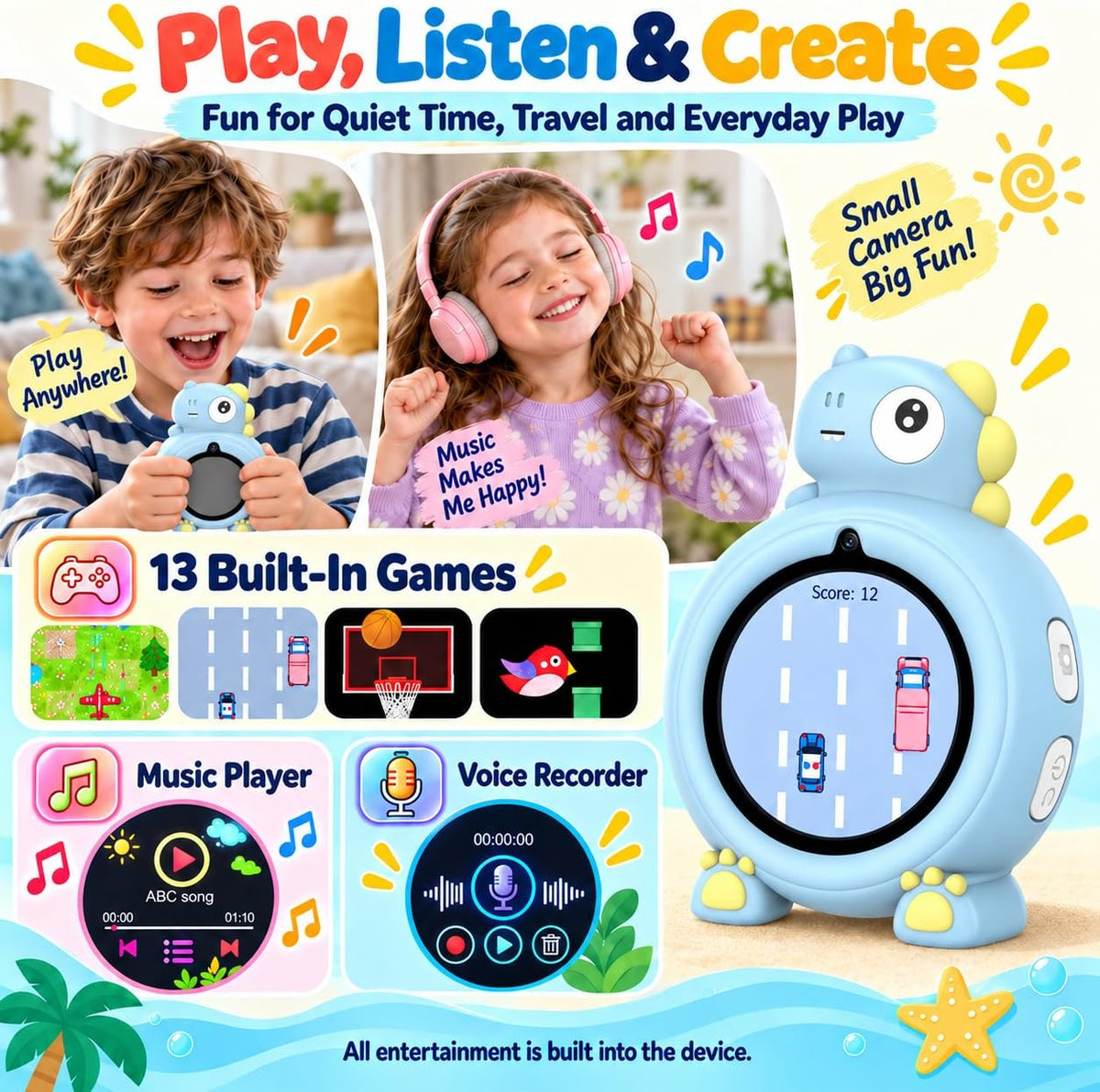 Cámara para niños con juegos, pantalla táctil, mini cámara digital de juguetes para niños, foto y video de doble lente, 13 juegos integrados, 19 marcos de fotos, pantalla de 1.48 pulgadas