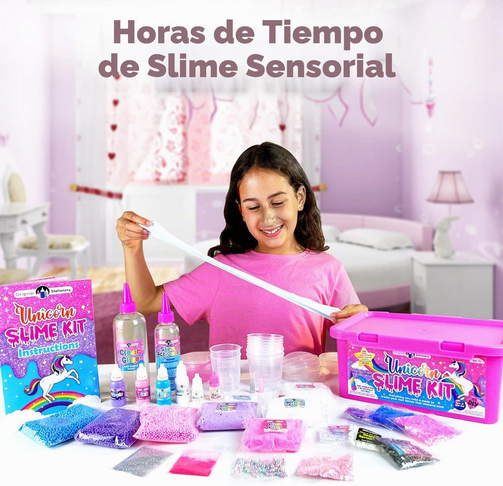 Original Stationery Kit de slime de unicornio que brilla en la oscuridad para niñas de 7 a 12 años, juego de fabricación de slime con más de 25 mezclas y activador, divertida actividad de manualidades creativa, regalo de cumpleaños para niños