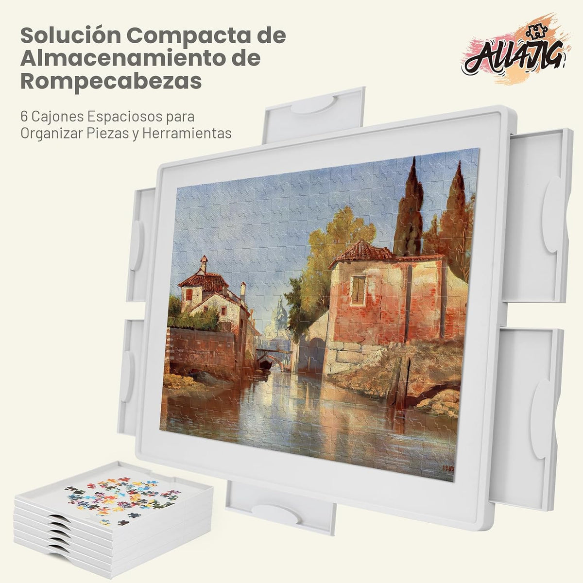 ALL4JIG - Tablero de rompecabezas de plástico giratorio ligero de 1500 piezas con 6 cajones y cubierta, diseño Lazy Susan de 360°, mesa giratoria portátil de 25.98 x 34.25 pulgadas para adultos