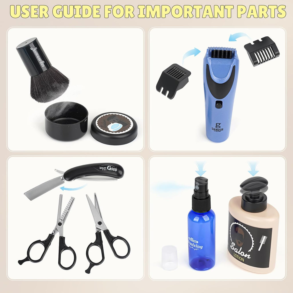 Juego de simulación de peluquería, juguetes de peluquería para niños, kit de afeitado para niños para niños de 3 años en adelante con secador de pelo, juguetes de afeitadora eléctrica, bolsa de