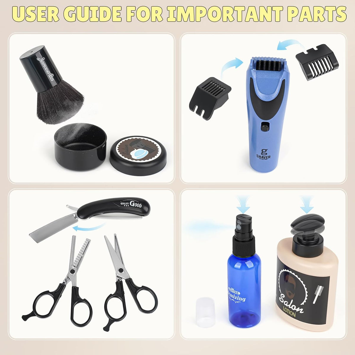 Juego de simulación de peluquería, juguetes de peluquería para niños, kit de afeitado para niños para niños de 3 años en adelante con secador de pelo, juguetes de afeitadora eléctrica, bolsa de