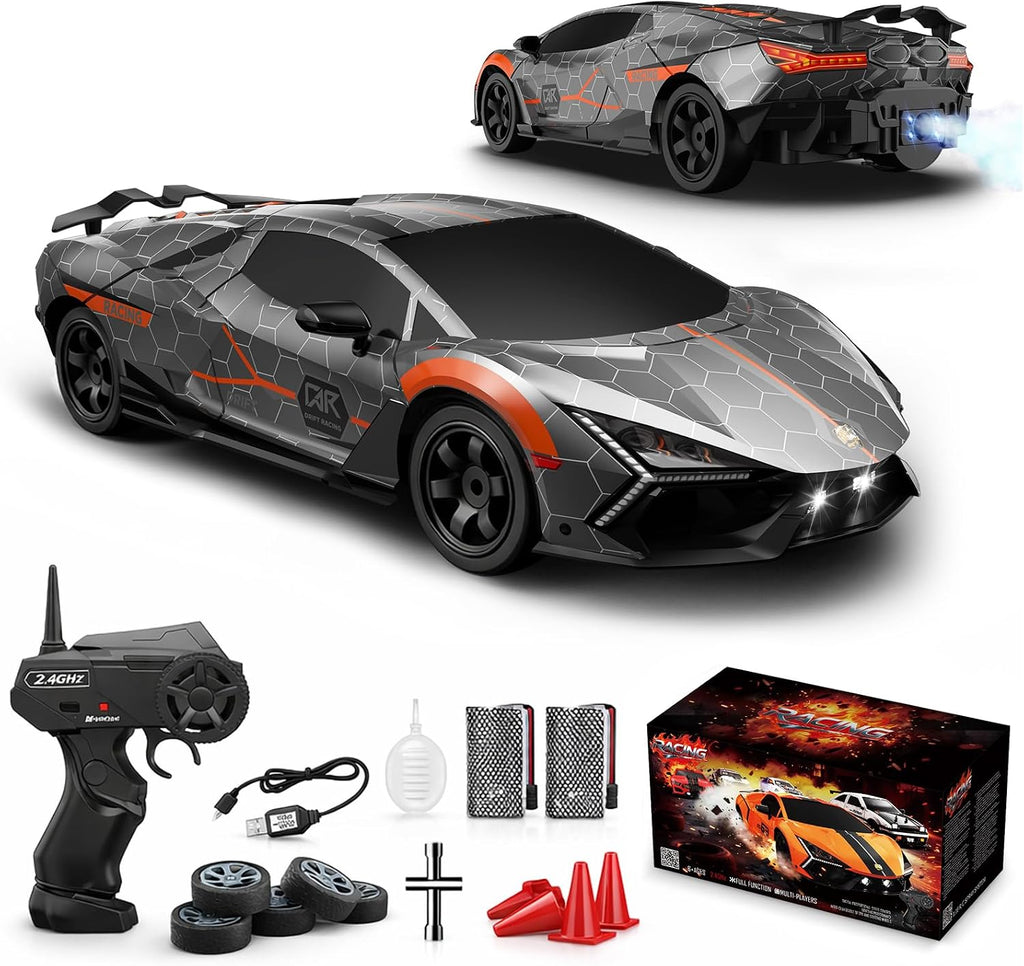 Coche de deriva a control remoto 1:16, 2.4 GHz, autos de control remoto de alta velocidad, 4WD, autos deportivos de carreras con luces LED, aerosol, neumáticos a la deriva, 2 baterías para niños, niñas, adultos, cumpleaños, Navidad