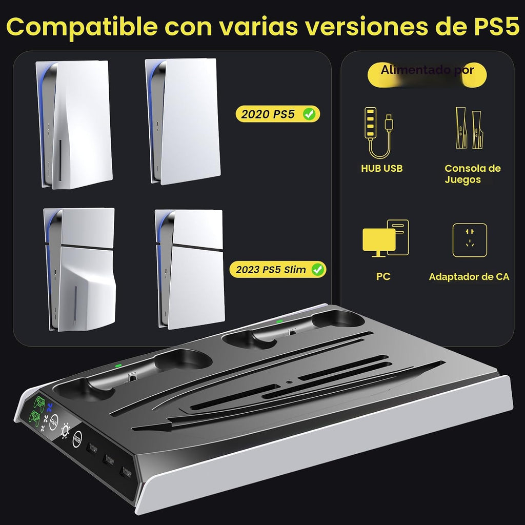 Soporte PS5/PS5 Slim/Pro con ventilador de enfriamiento ajustable, soporte de enfriamiento PS5 para PS5/PS5 Slim/Pro, estación de enfriamiento PS5 con cargadores de controlador dual y luz