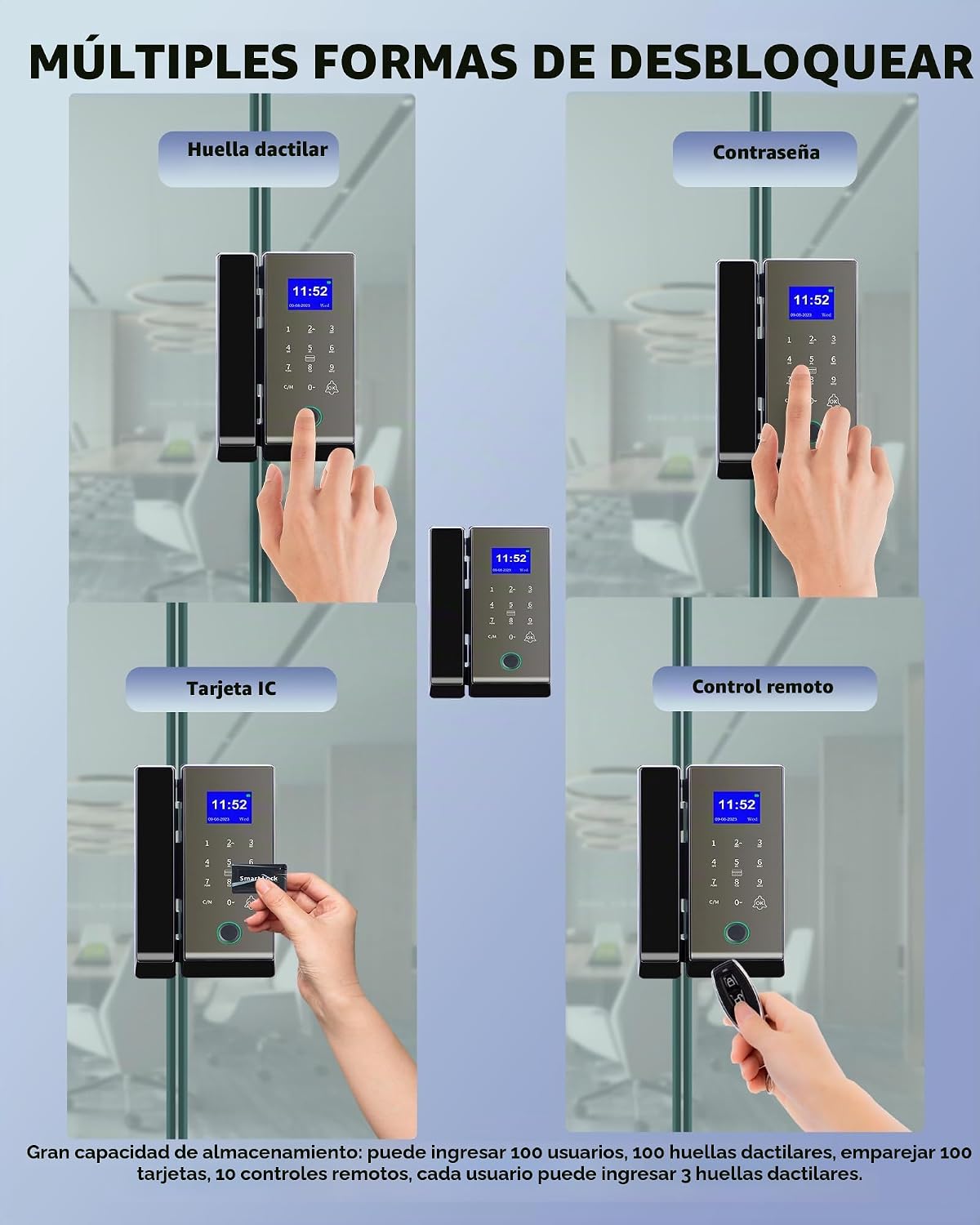 Cerradura de puerta de vidrio inteligente, cerradura de puerta de vidrio biométrica con huella dactilar 4 en 1, LG2315, 2024, sin taladro, sin llave, cerraduras de puerta mejoradas, ideal para oficina, hogar, hotel, apartamento