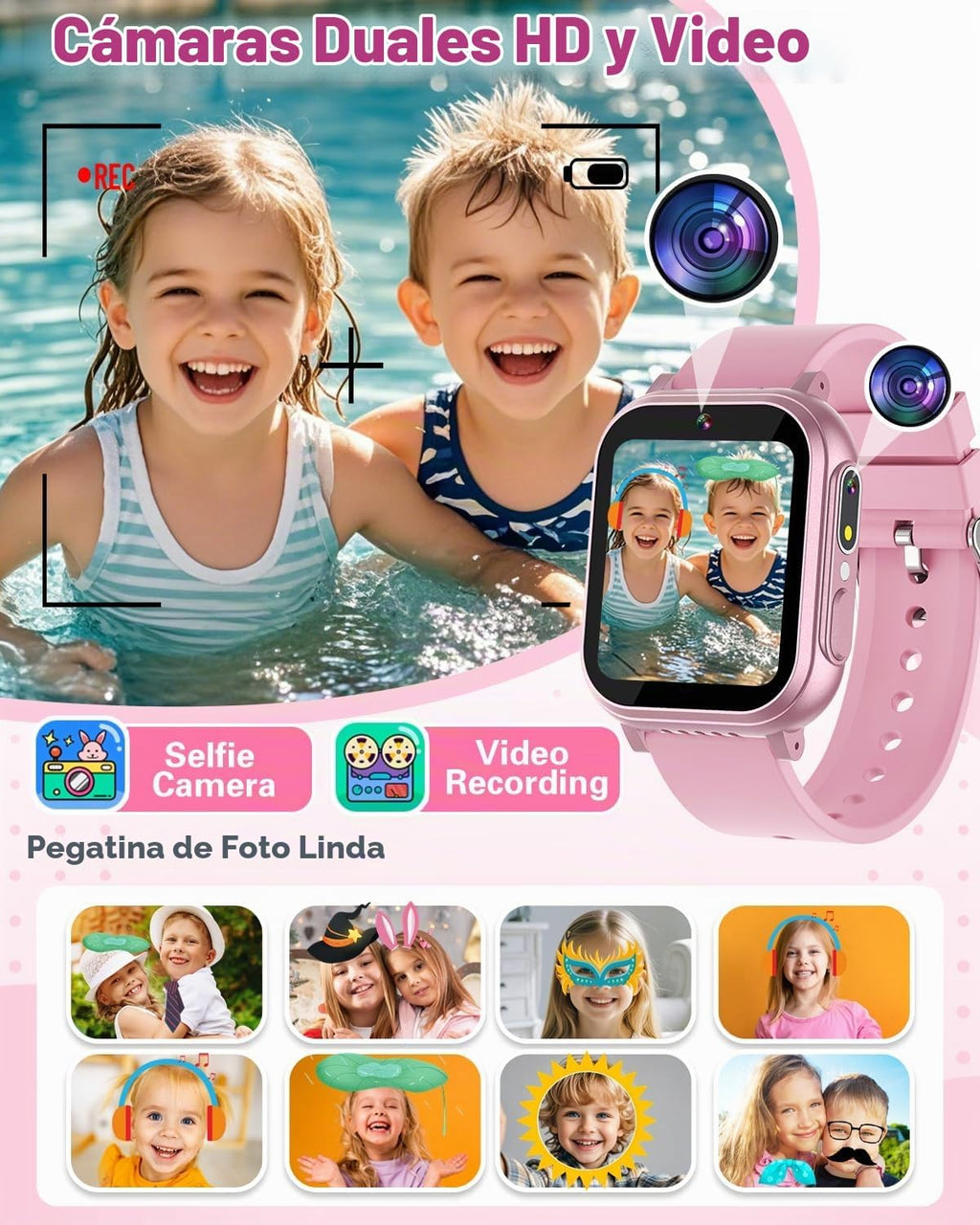 Reloj inteligente impermeable para niños, juguetes para niñas de 6 a 8 años con 32 juegos de cámara dual