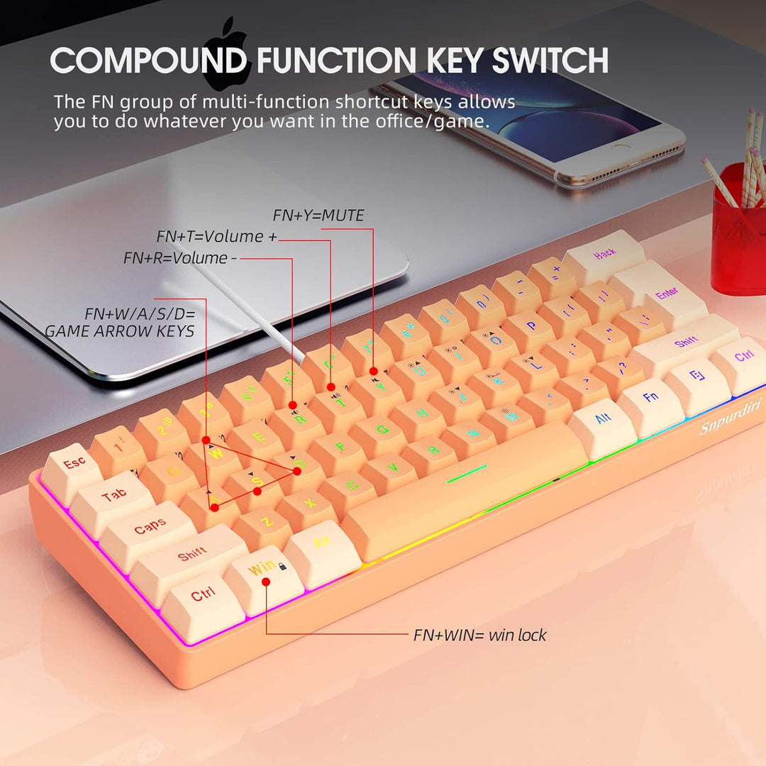 Snpurdiri - Teclado para videojuegos 60% con cable, retroiluminado...